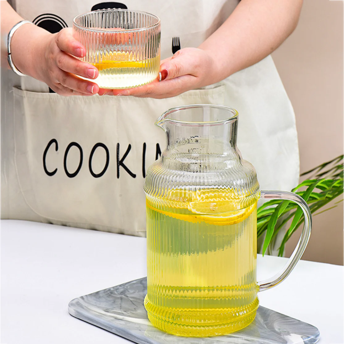 Modern Ribbed Glass Jug and Cup Set - Image 14