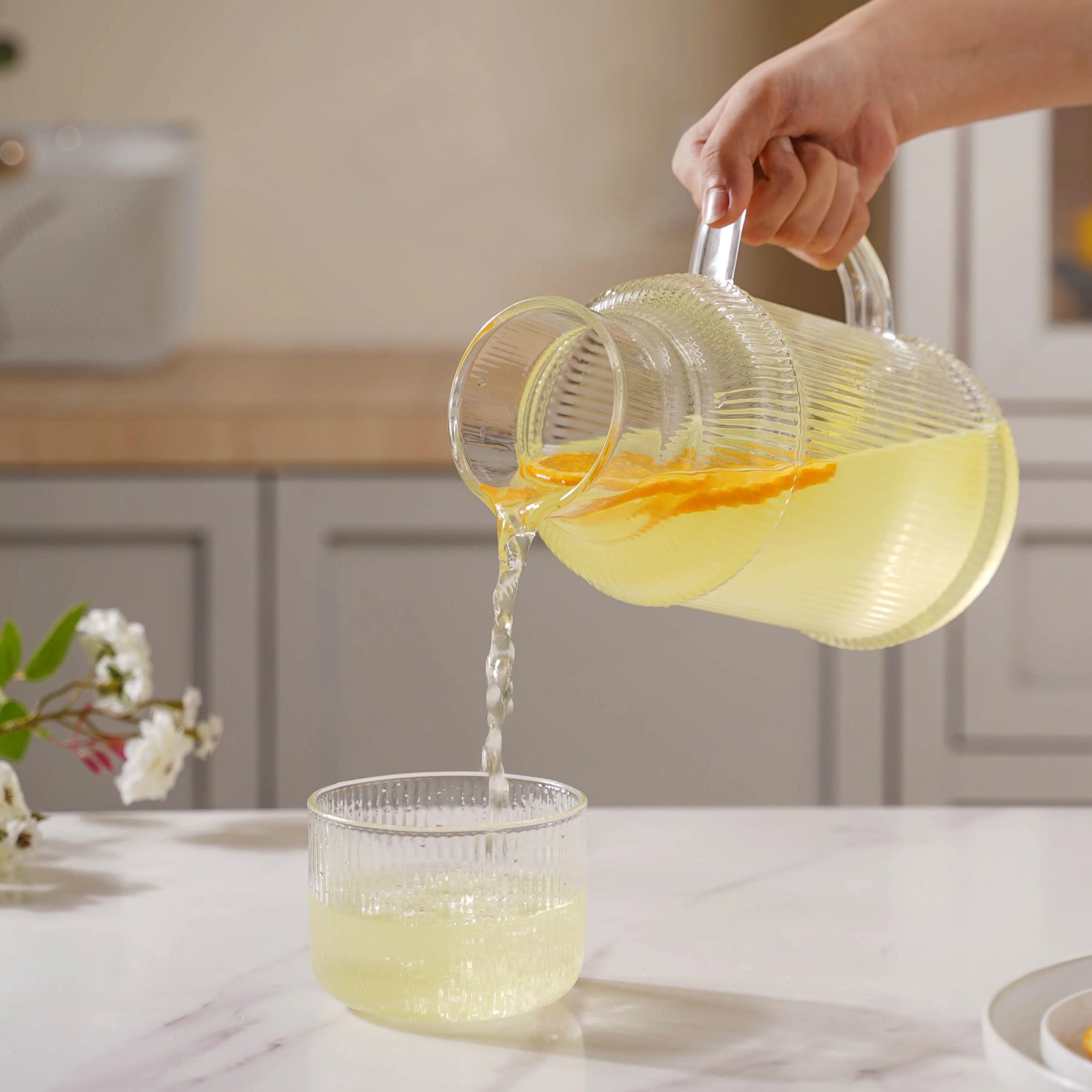 Modern Ribbed Glass Jug and Cup Set - Image 2