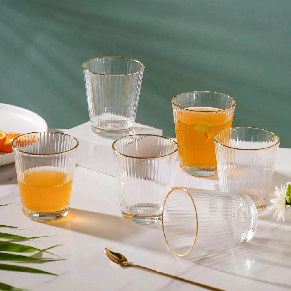 Ribbed Gold Rim Short Tumbler Set Of 6 250 ml