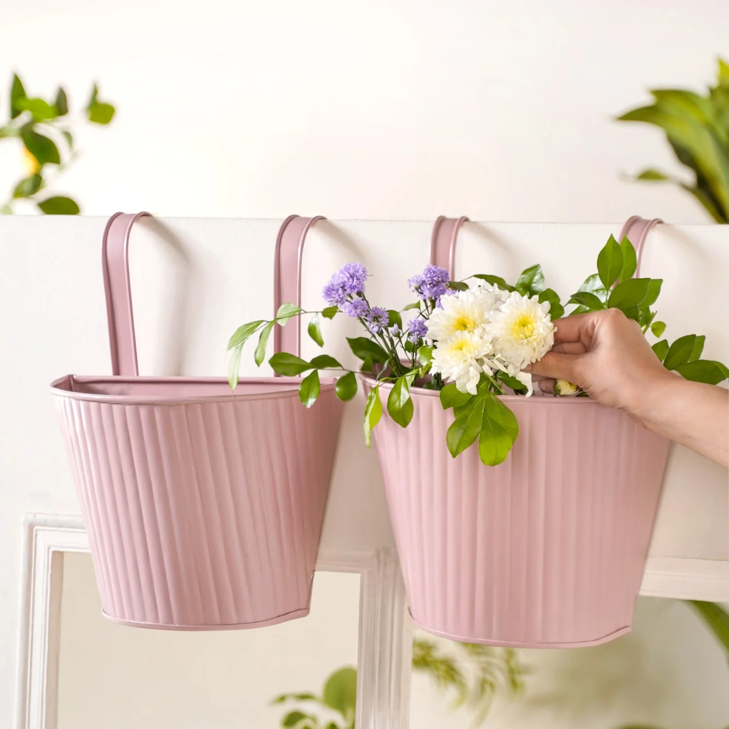Ribbed Hanging Planter Set Of 2 Dusty Pink - Image 2