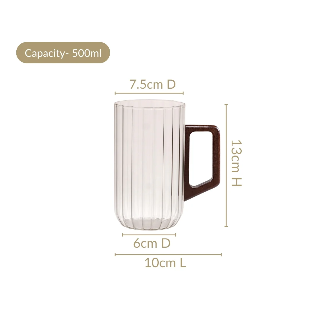 Ribbed Large Glass Mug With Wooden Handle 500ml - Image 3