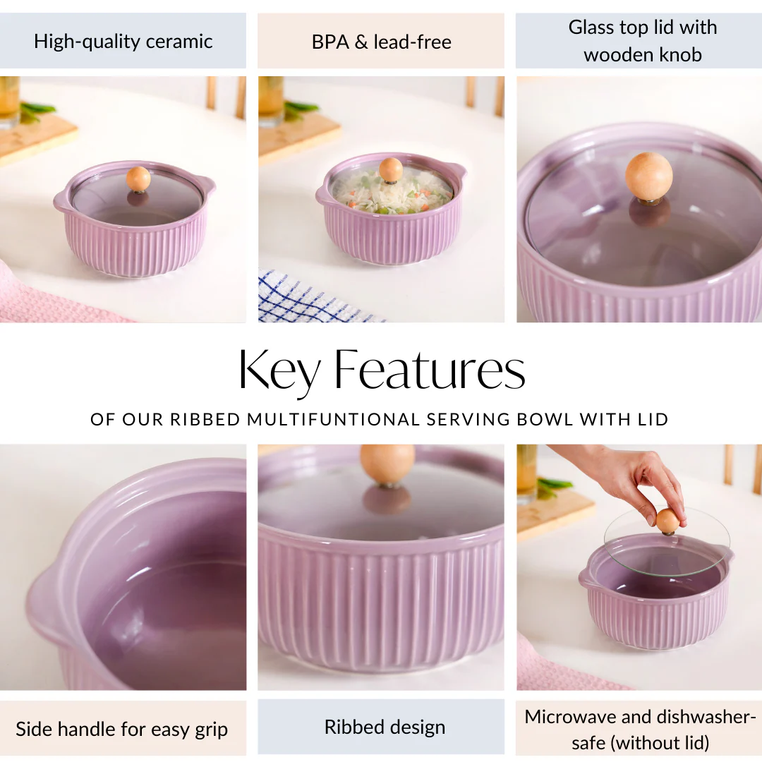Ribbed Multifunctional Serving Bowl With Lid 950ml - Image 5