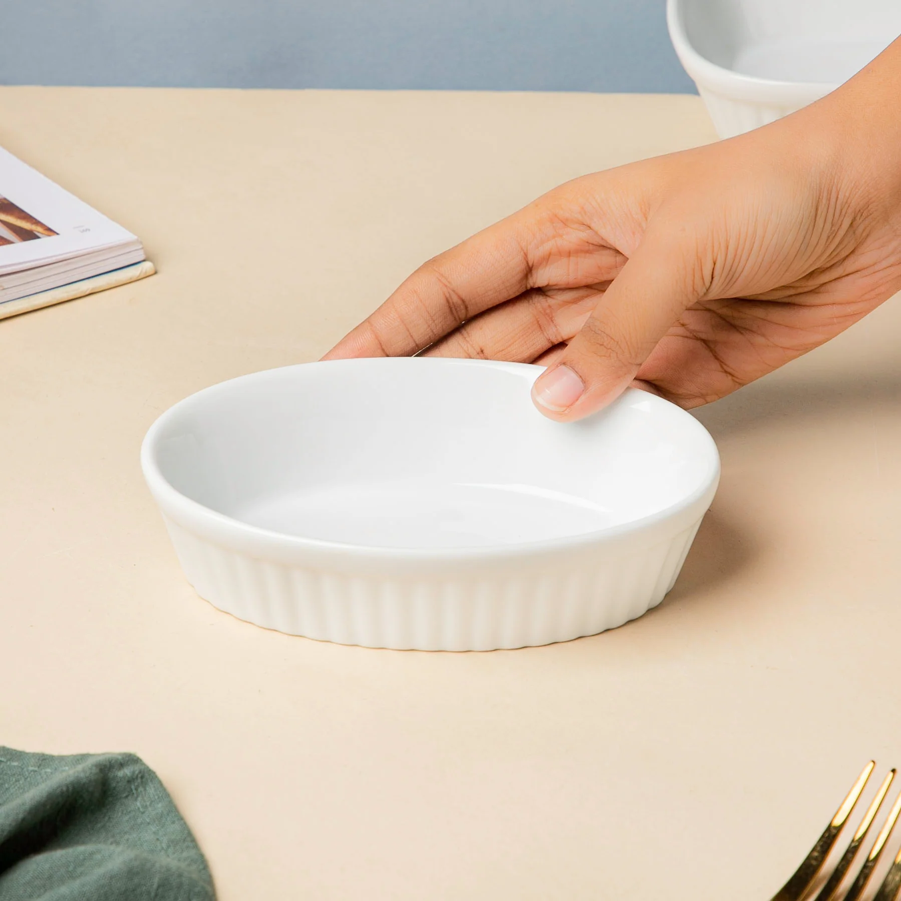 Ribbed Oval Ceramic Baking Dish White 200 ml - Image 3