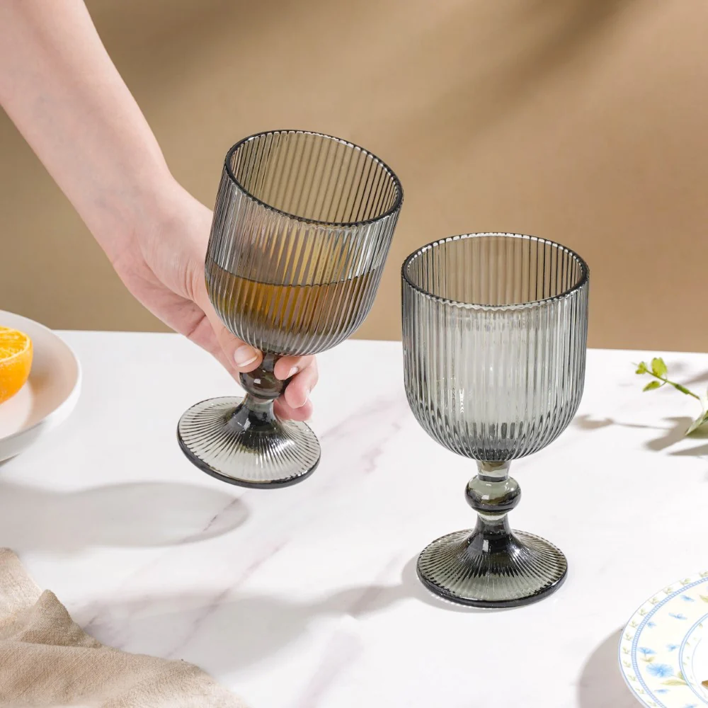 Ribbed Wine Glass Goblet Ash Grey Set Of 6 350ml - Image 2