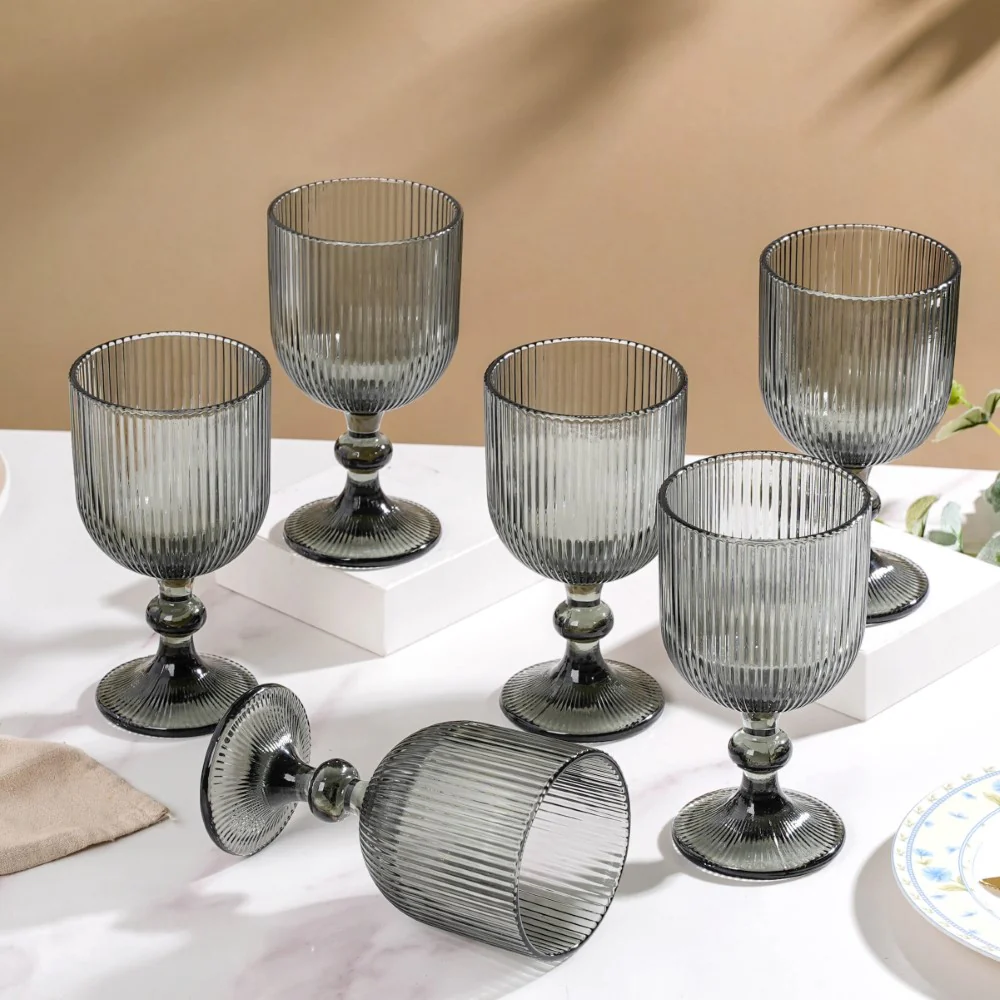 Ribbed Wine Glass Goblet Ash Grey Set Of 6 350ml - Image 3