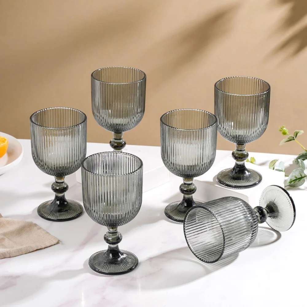 Ribbed Wine Glass Goblet Ash Grey Set Of 6 350ml - Image 4