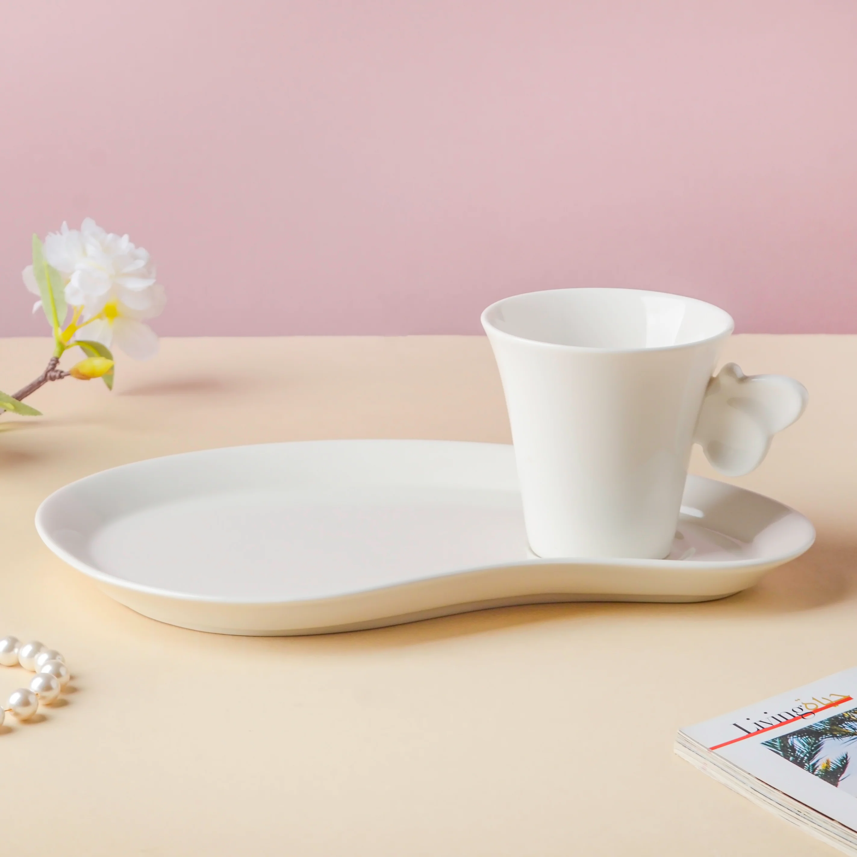 Riona Butterfly Snack Plate and Cup Set White - Image 6