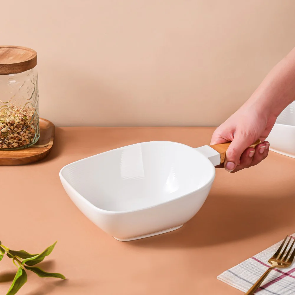 Riona Ceramic Bowl With Wooden Handle White Large - Image 3