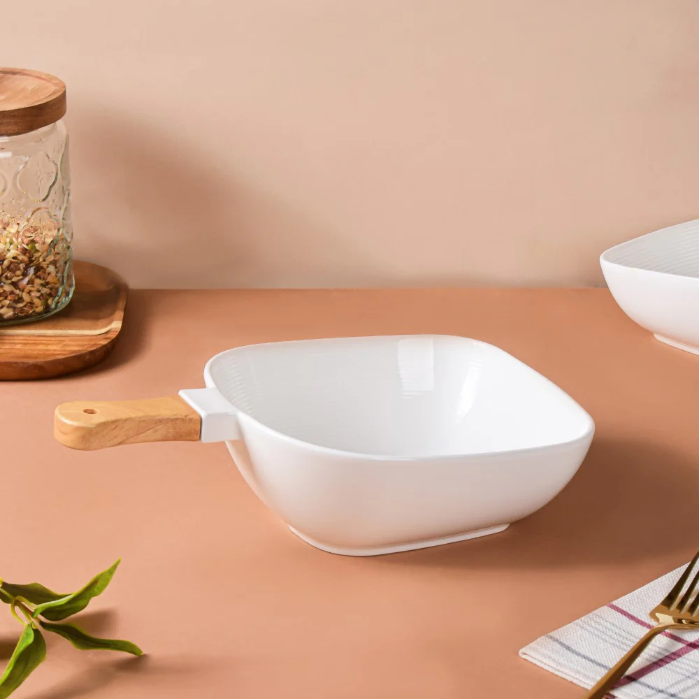 Riona Ceramic Bowl With Wooden Handle White Large - Image 5