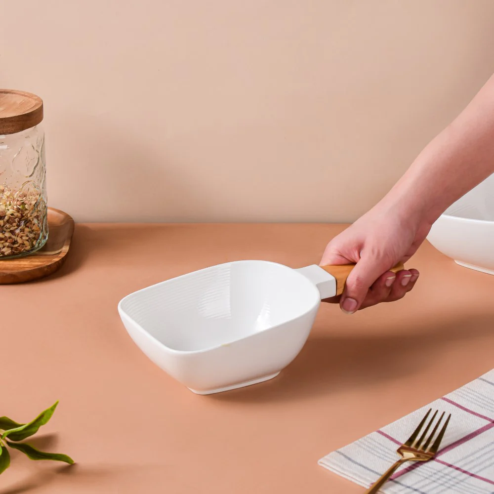 Riona Textured Bowl With Wooden Handle White - Image 3