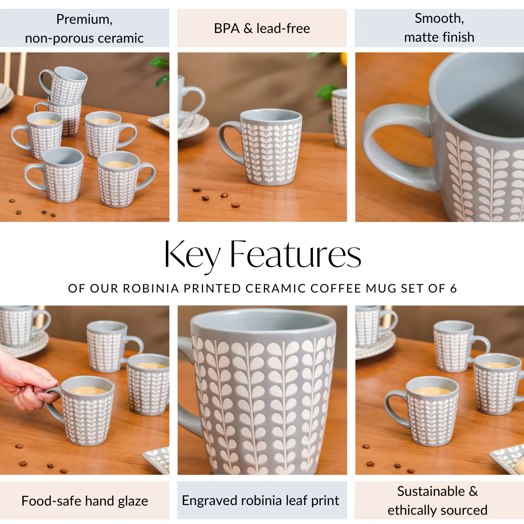 Robinia Printed Ceramic Coffee Mug Set of 6 275ml - Image 5