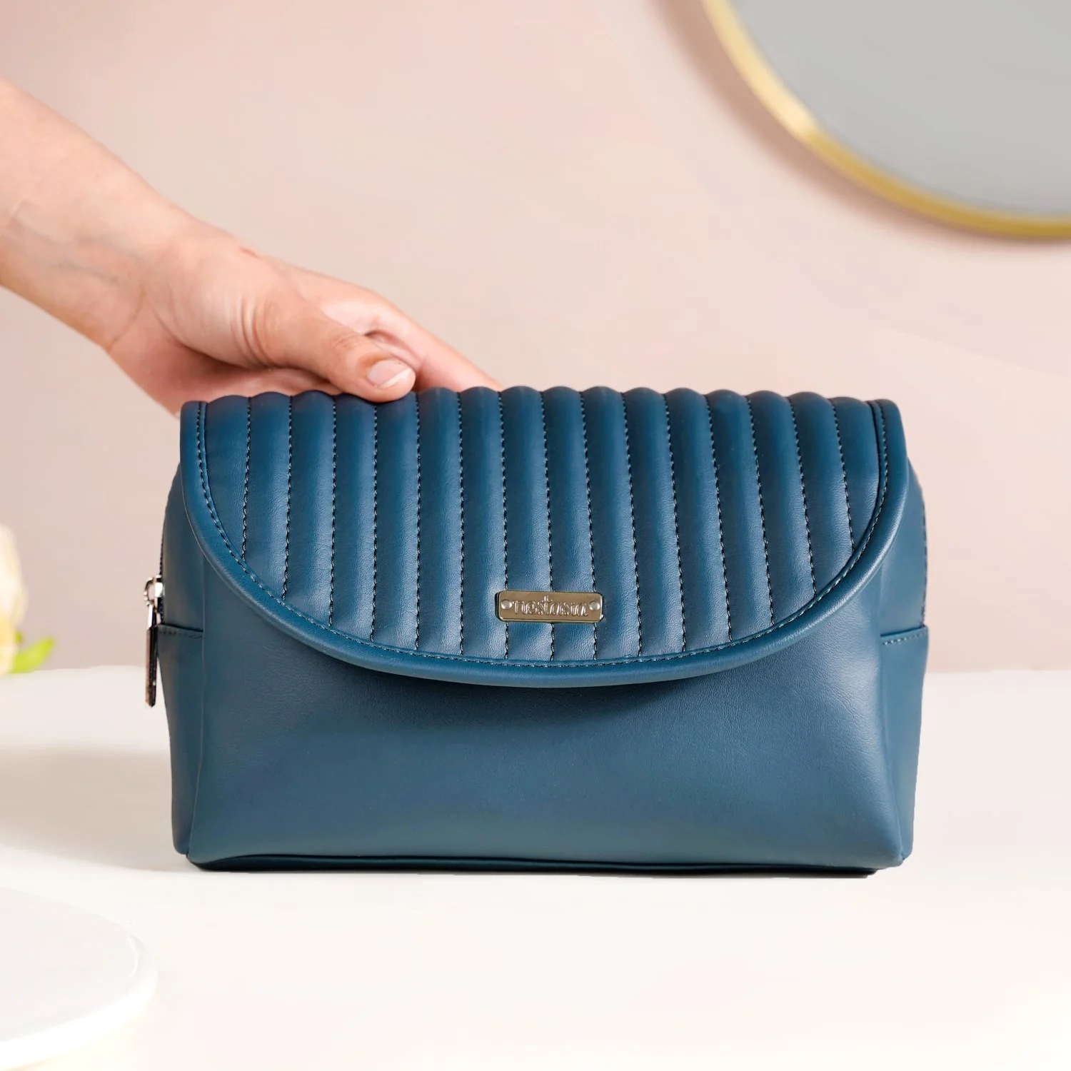 Roll Top Flap Travel Makeup Pouch Navy Blue - Image 2