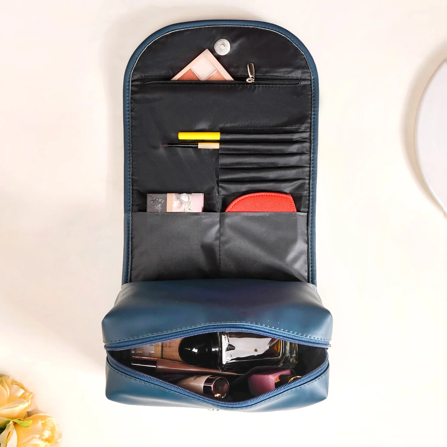 Roll Top Flap Travel Makeup Pouch Navy Blue - Image 3