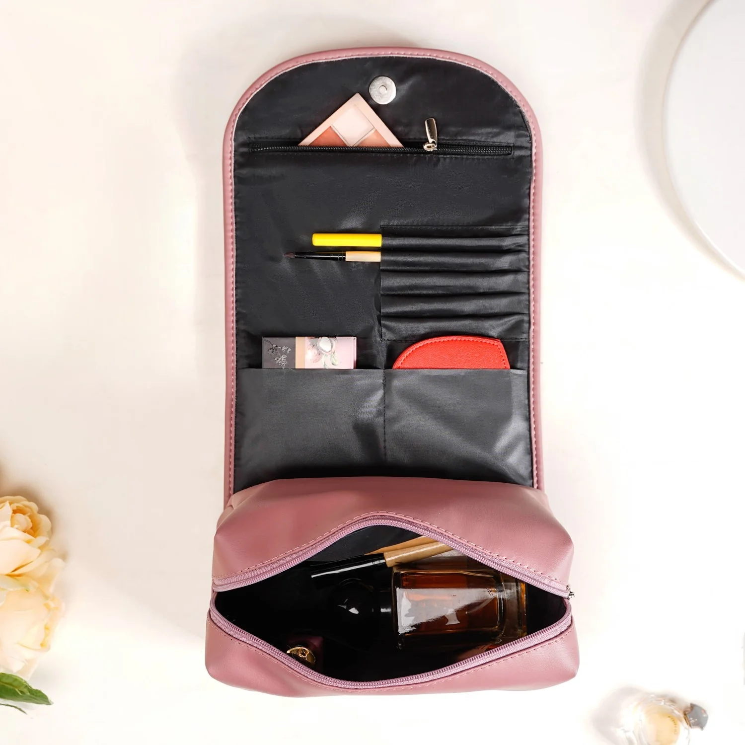 Roll Top Flap Travel Makeup Pouch Pink - Image 3