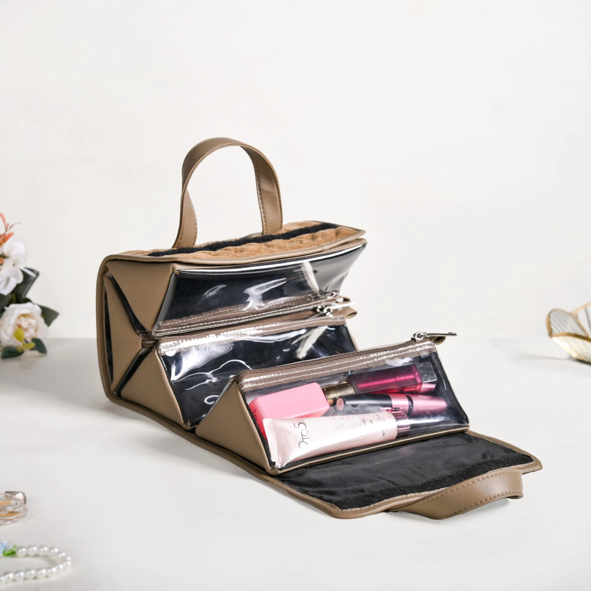 Roll Up Beige Vanity Makeup Pouch - Image 2