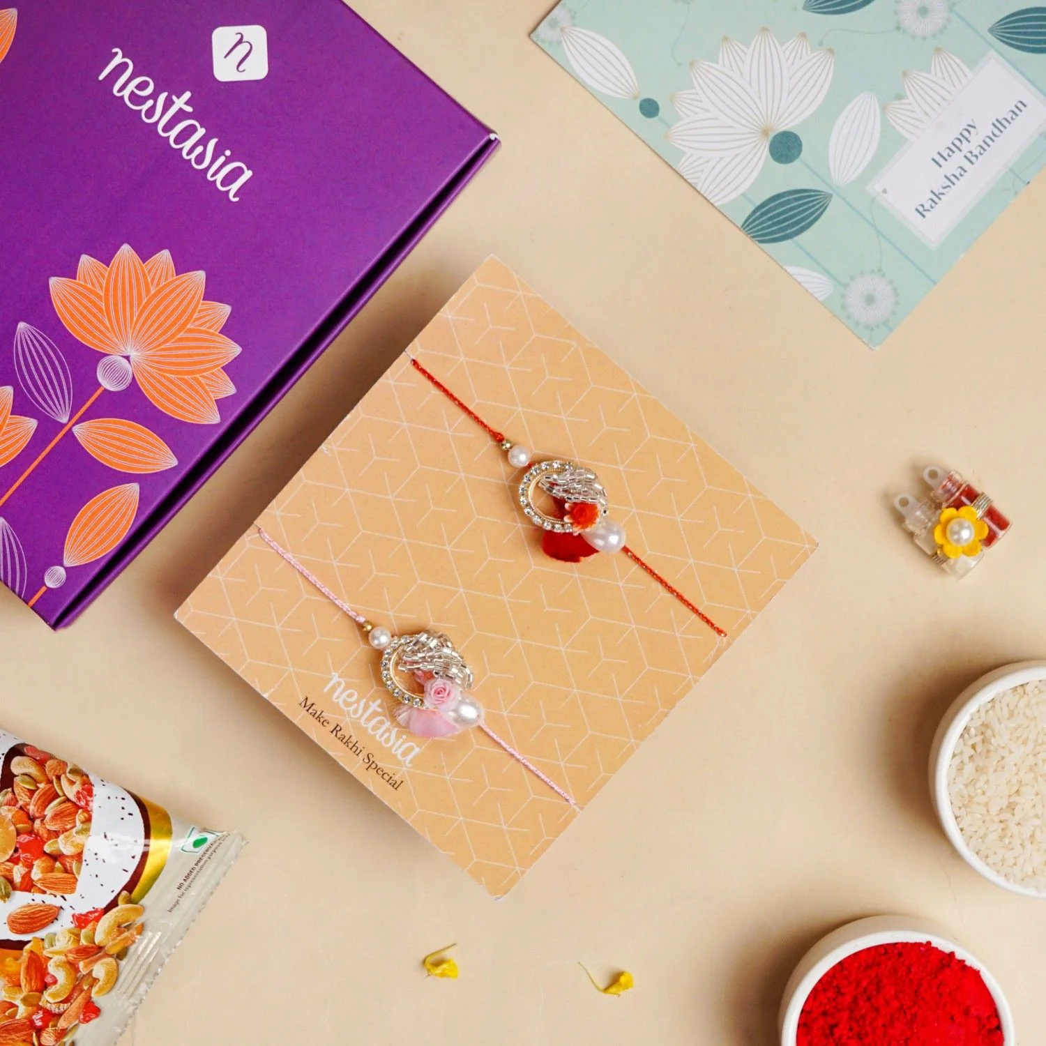 Rose and Pearl Set Of 2 Rakhi Gift Set - Image 2