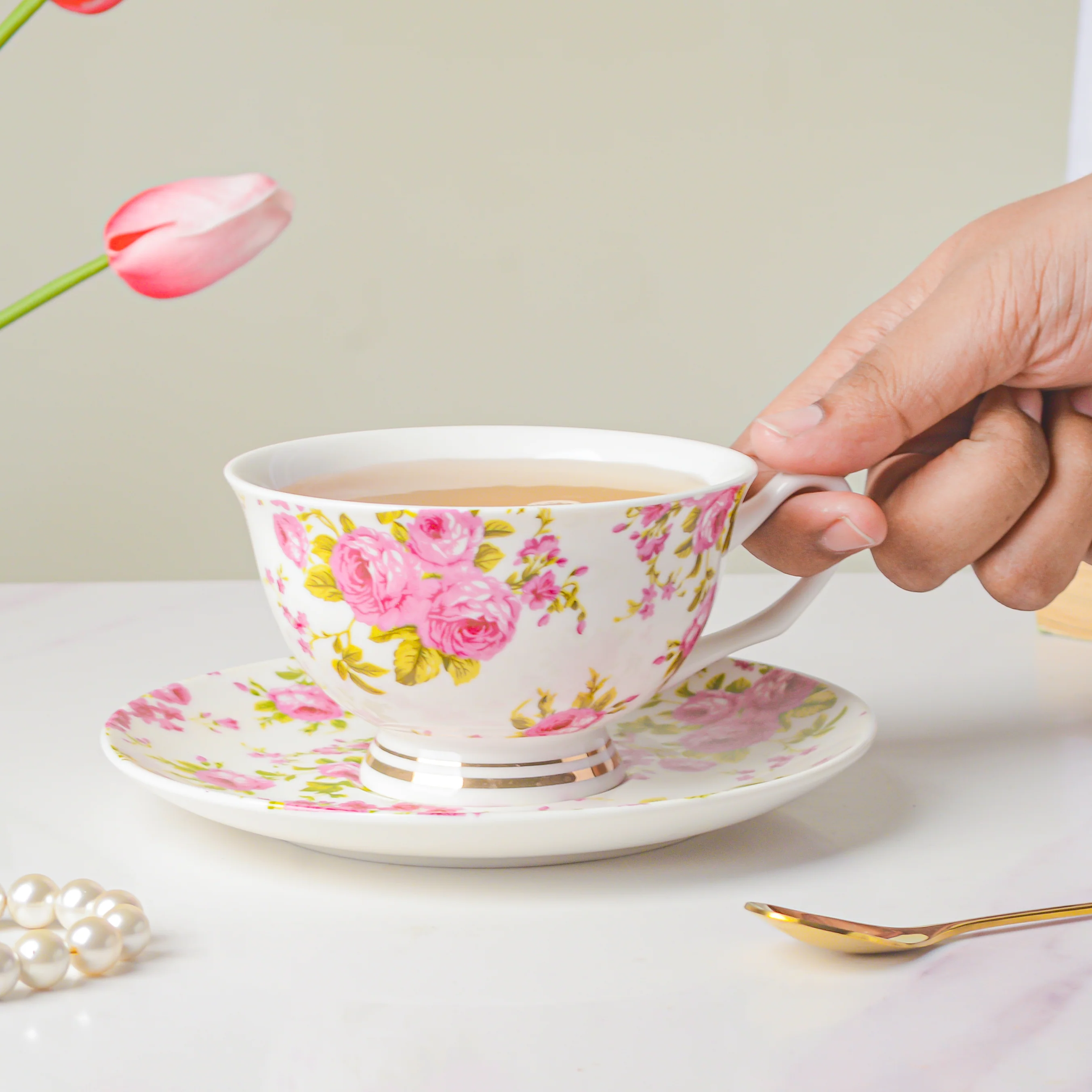 Pink Rose Ceramic Cup And Saucer Set 150 ml - Image 2