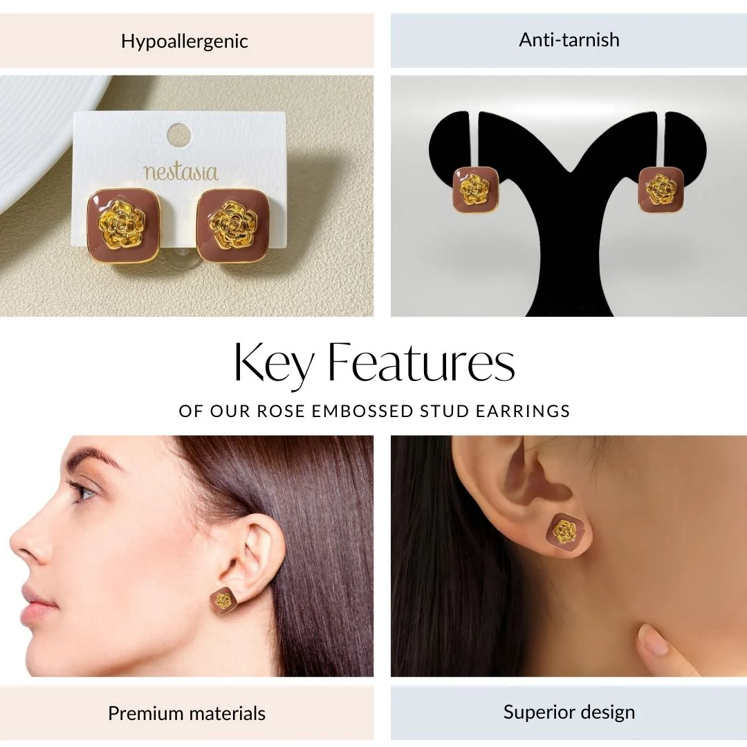 Rose Embossed Stud Earrings - Image 4