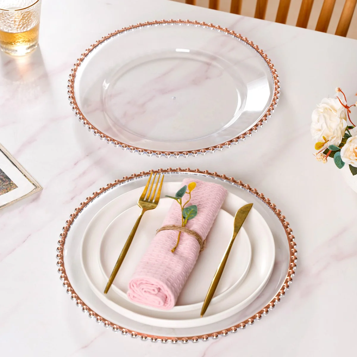 Rose Gold Beads Charger Plate Set Of 6 Transparent 12 Inch