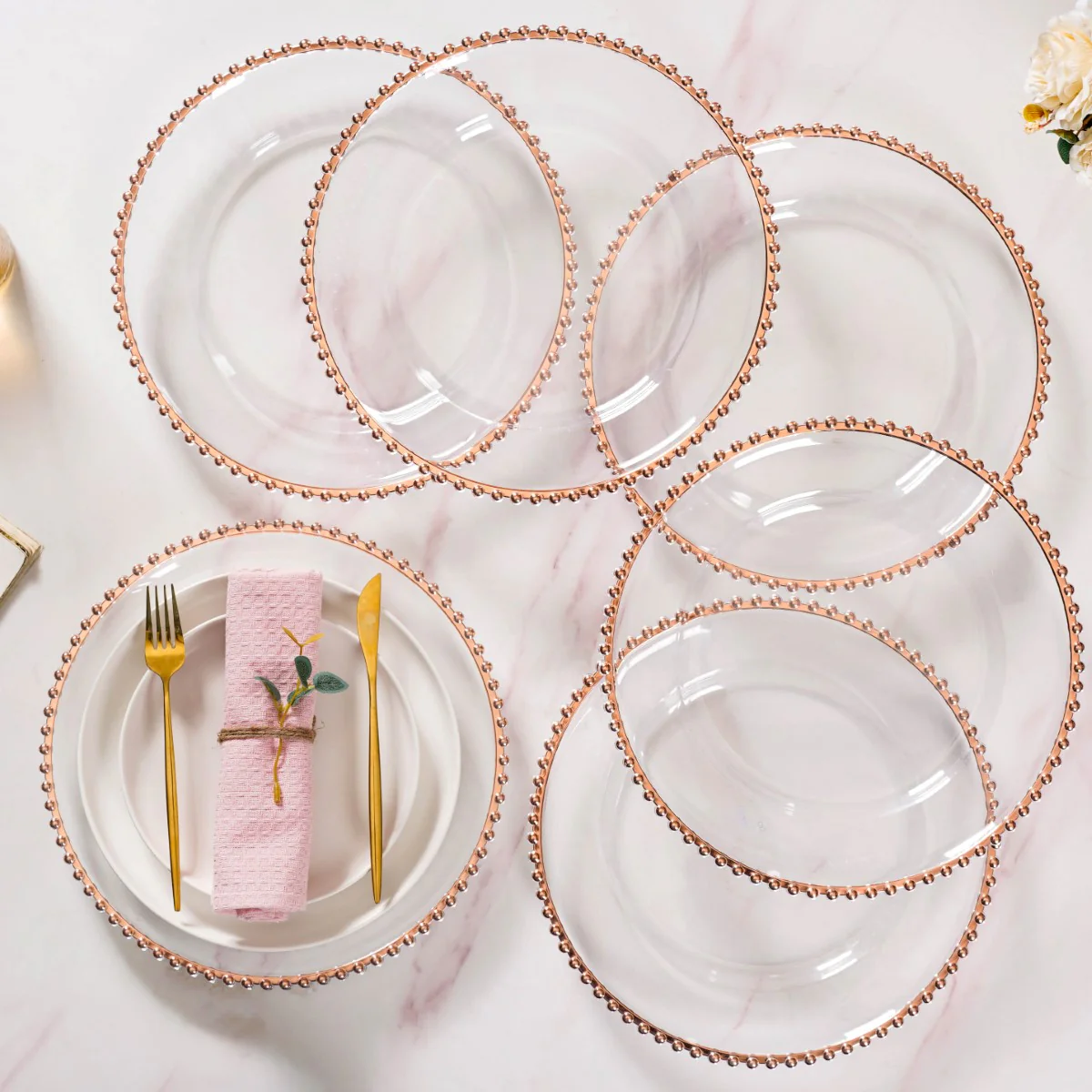 Rose Gold Beads Charger Plate Set Of 6 Transparent 12 Inch - Image 2