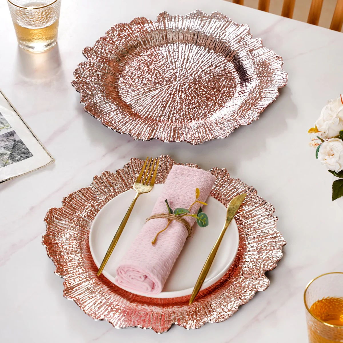 Rose Gold Reef Design Charger Plate Set Of 6 12 Inch