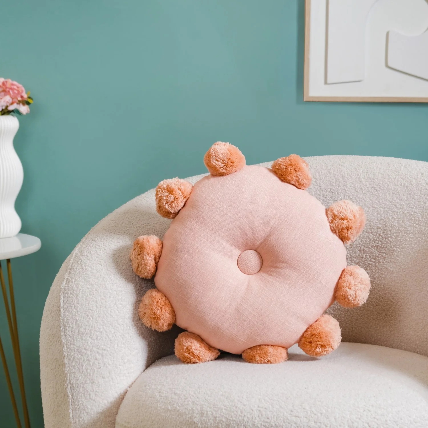 Round Cushion With Pom Poms Peach 17 Inch - Image 2