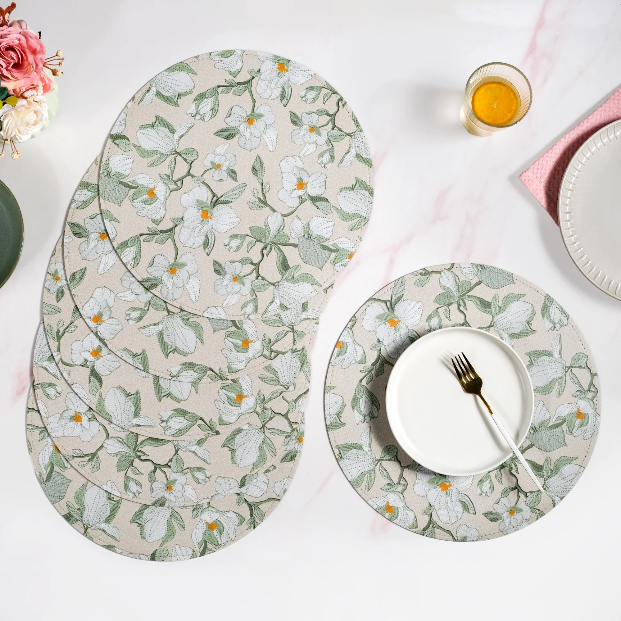 Round Green Poppy Printed Placemats Set Of 6
