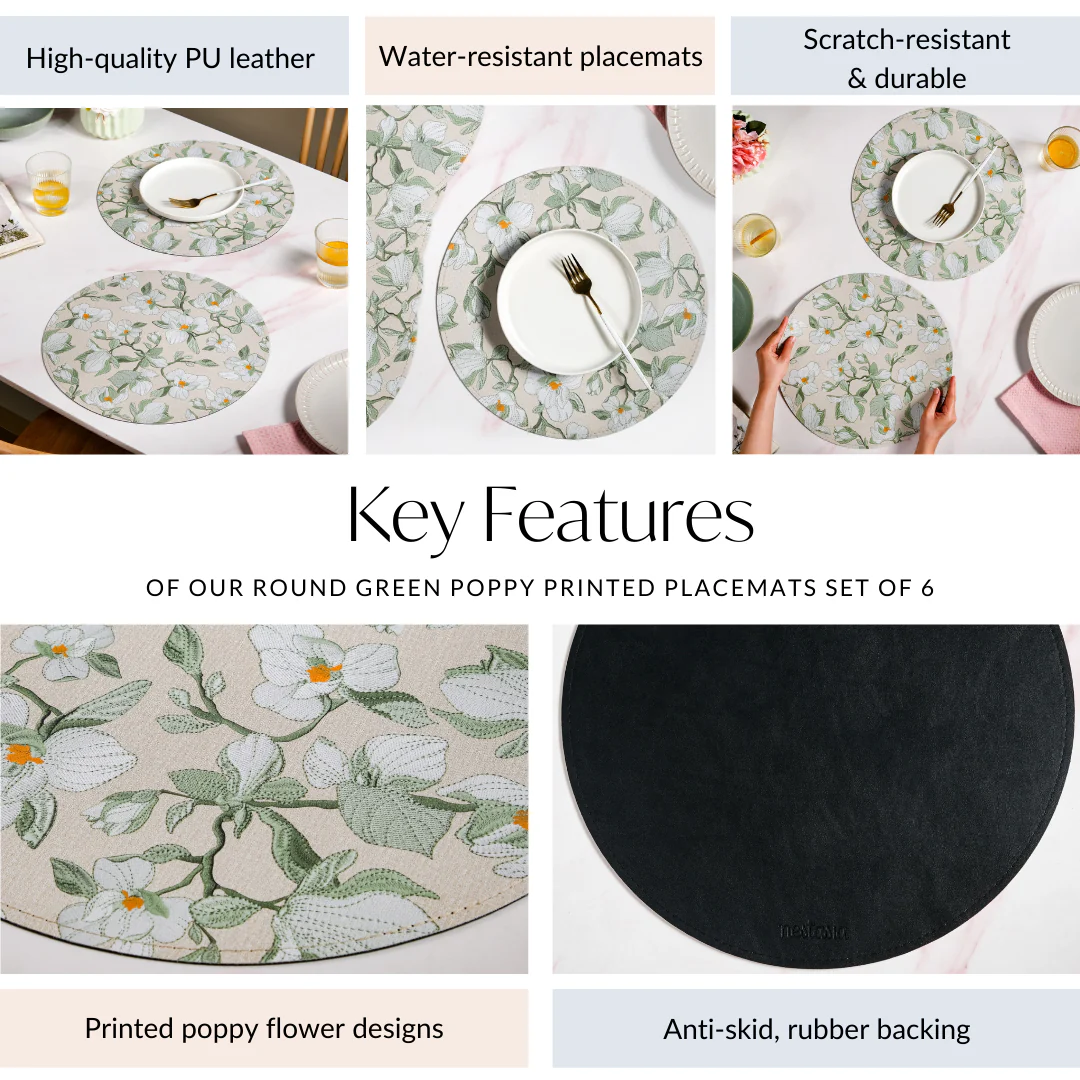 Round Green Poppy Printed Placemats Set Of 6 - Image 5