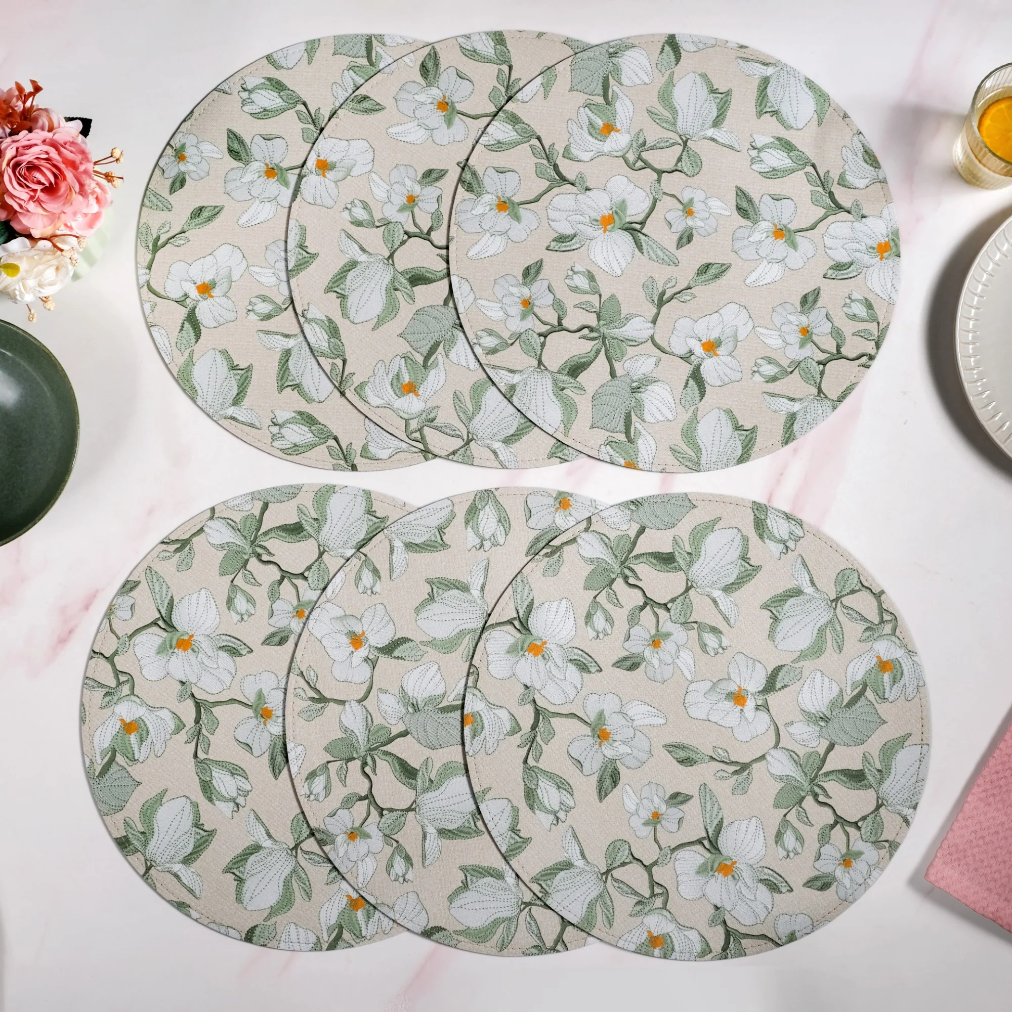 Round Green Poppy Printed Placemats Set Of 6 - Image 6