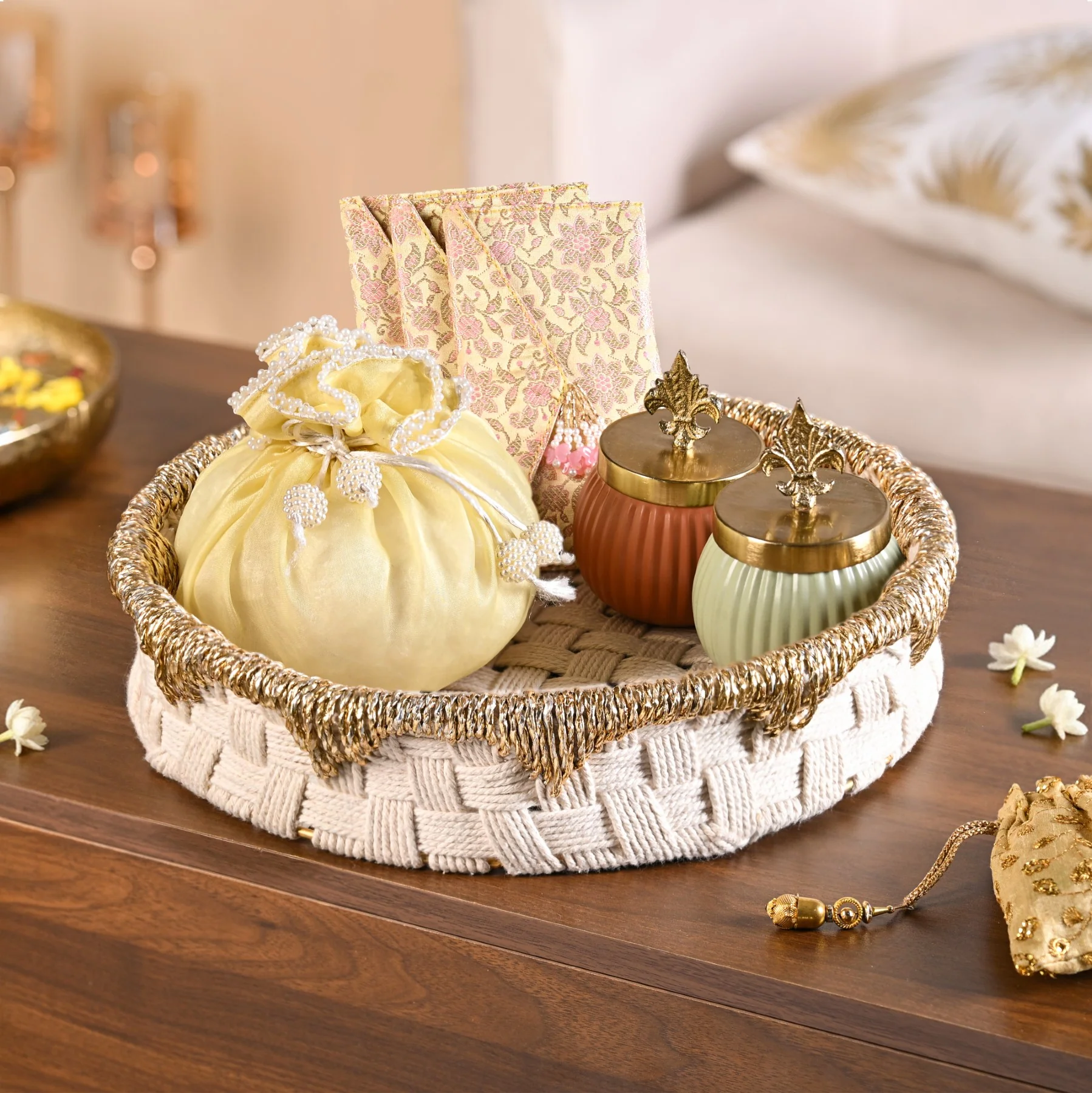 Round Handwoven Tray Basket Gold White - Image 2