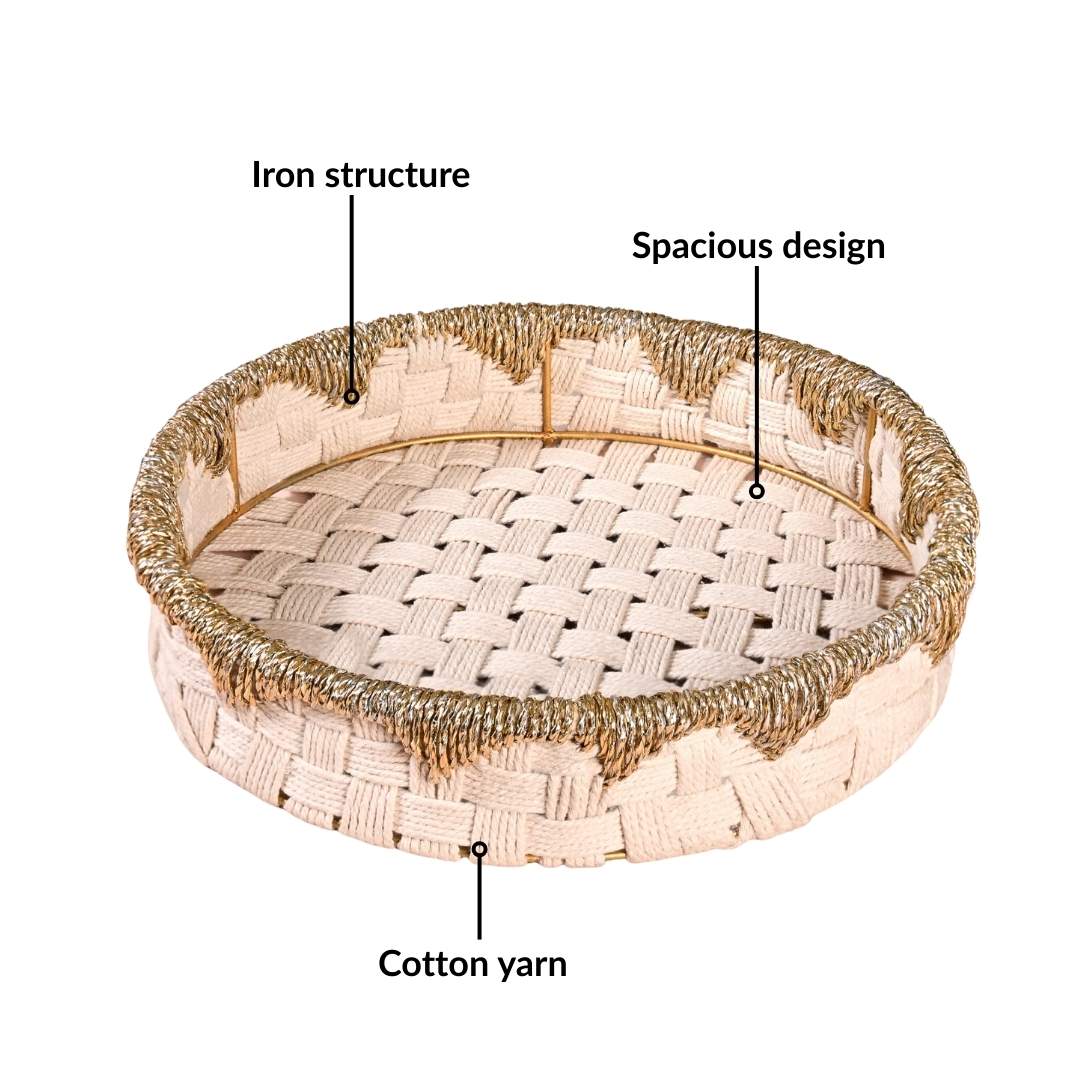 Round Handwoven Tray Basket Gold White - Image 4