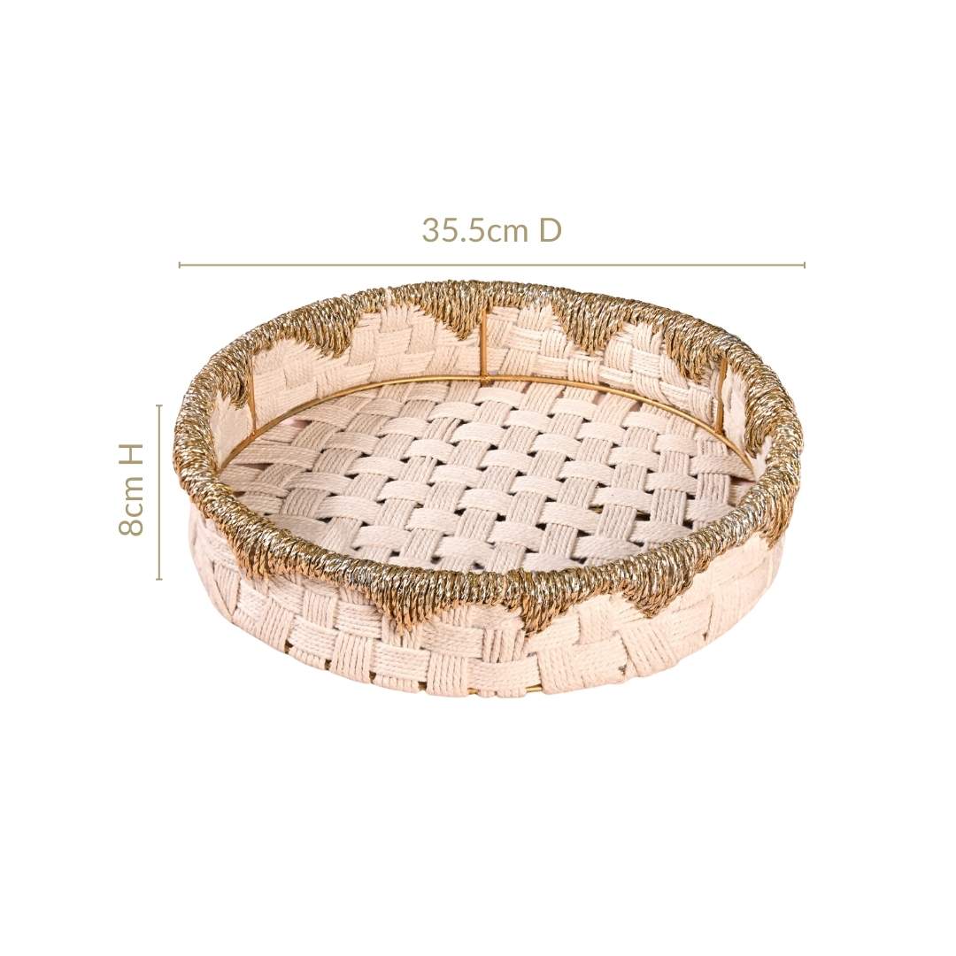 Round Handwoven Tray Basket Gold White - Image 5