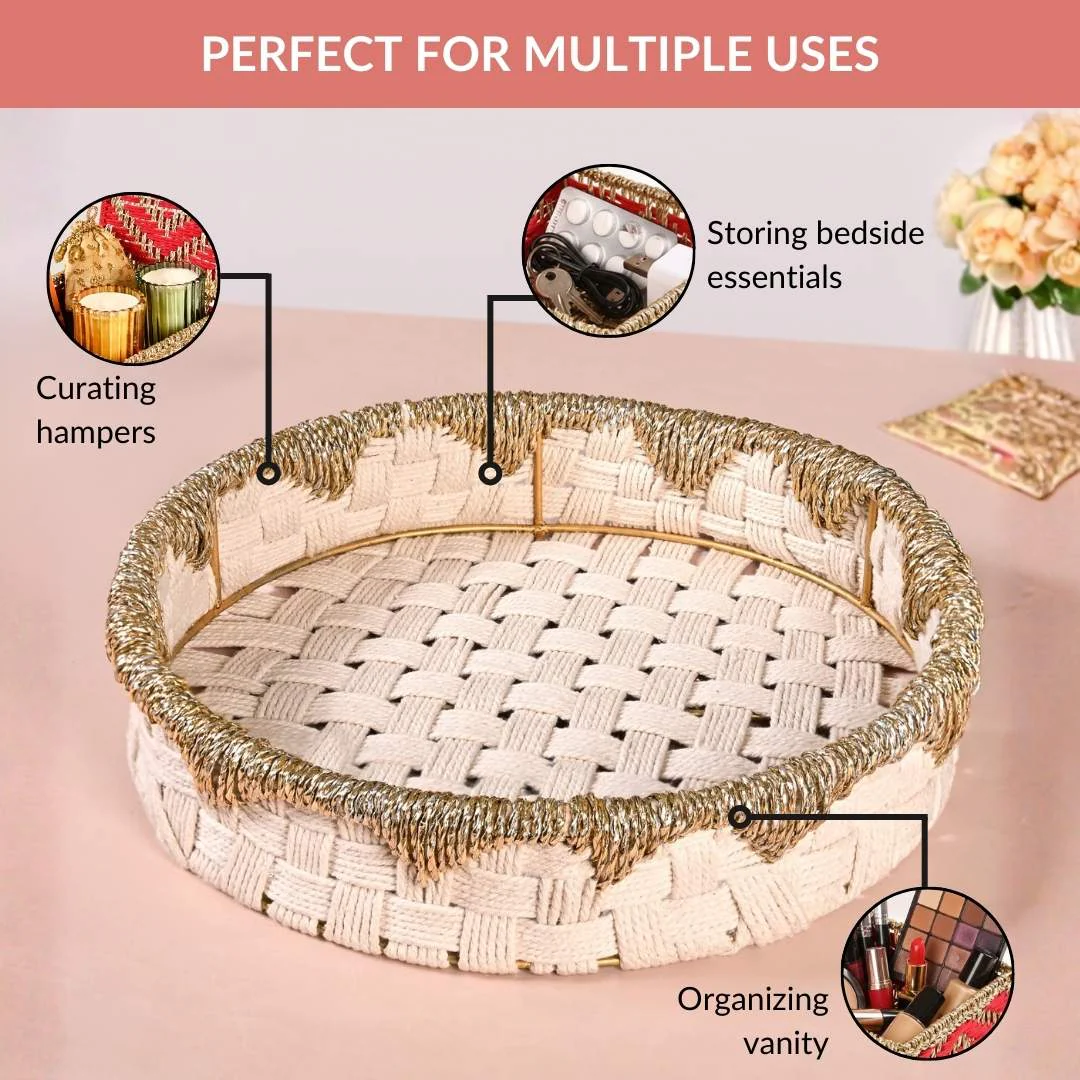 Round Handwoven Tray Basket Gold White - Image 8