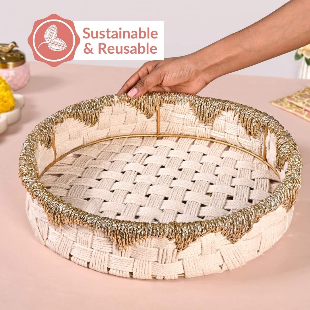 Round Handwoven Tray Basket Gold White - Image 9