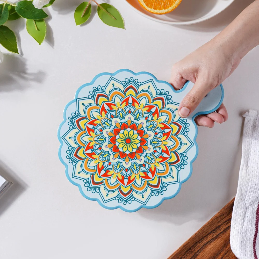 Round Mandala Platter With Handle Blue Yellow 8.5 Inch - Image 2