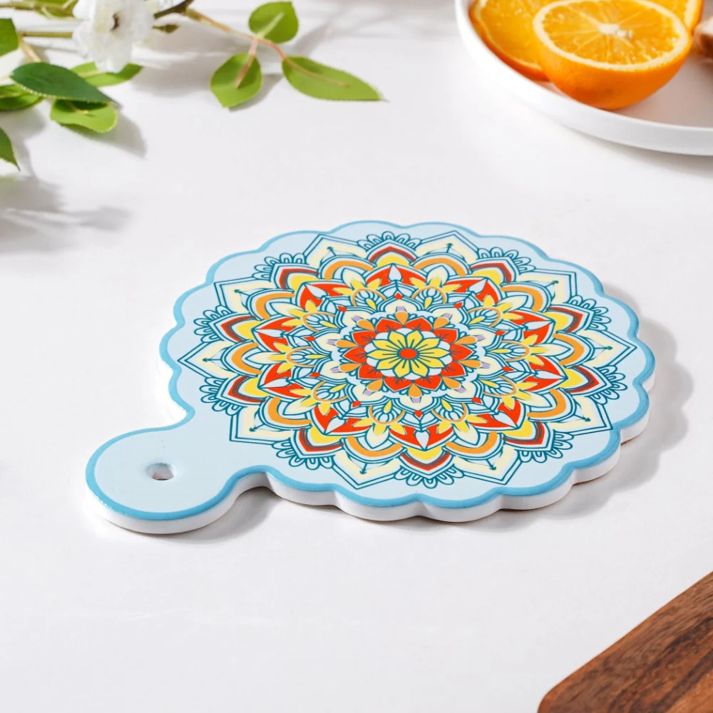 Round Mandala Platter With Handle Blue Yellow 8.5 Inch - Image 3