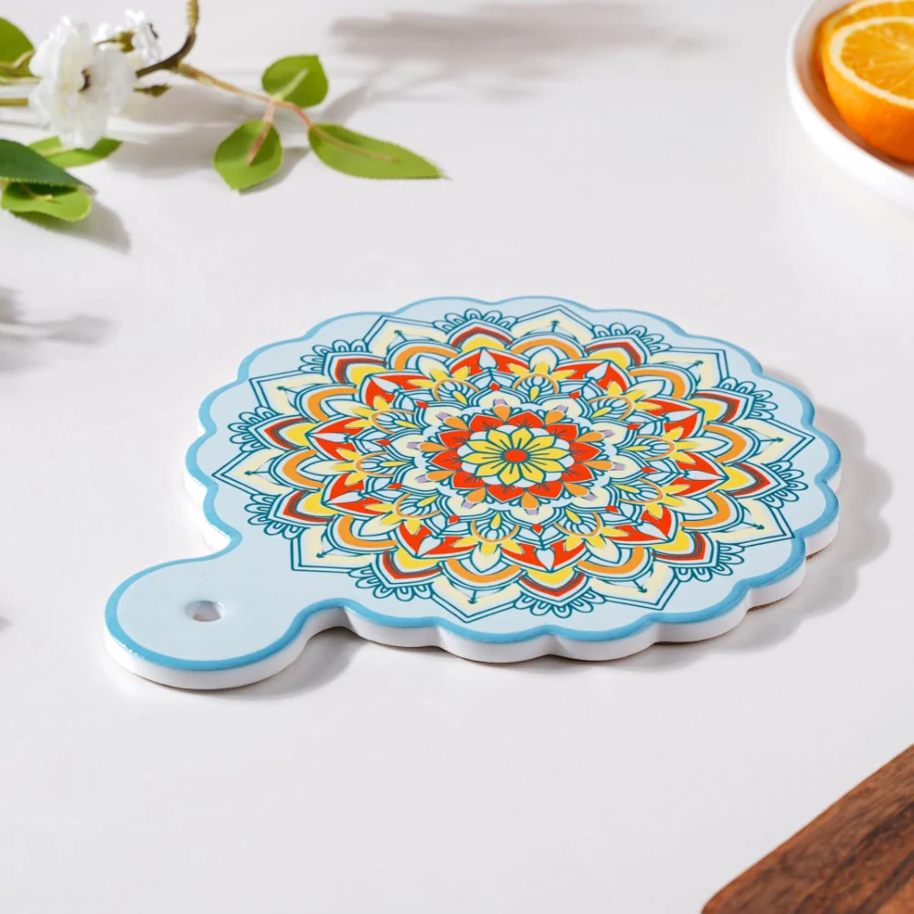Round Mandala Platter With Handle Blue Yellow 8.5 Inch - Image 5