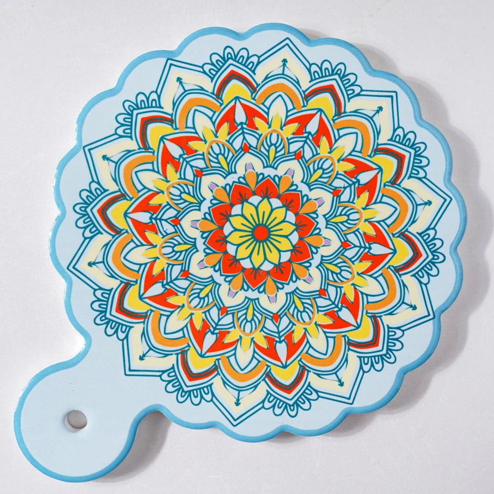 Round Mandala Platter With Handle Blue Yellow 8.5 Inch - Image 7