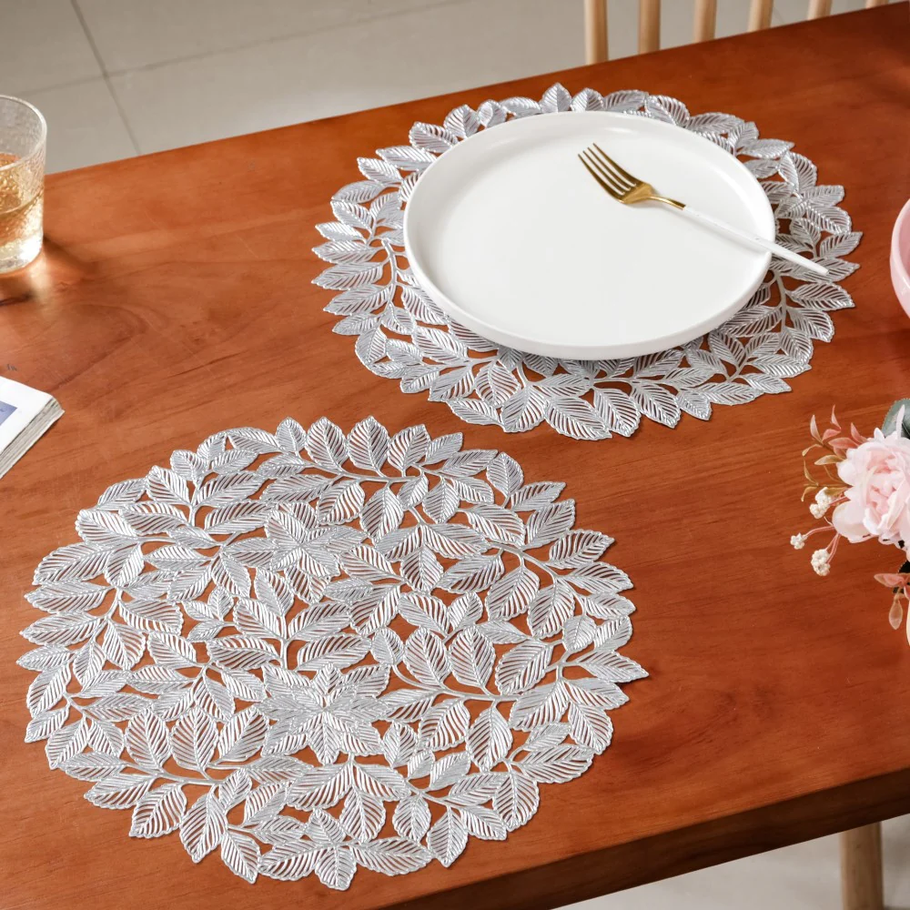 Round Silver Leaves Waterproof Placemat Set Of 6
