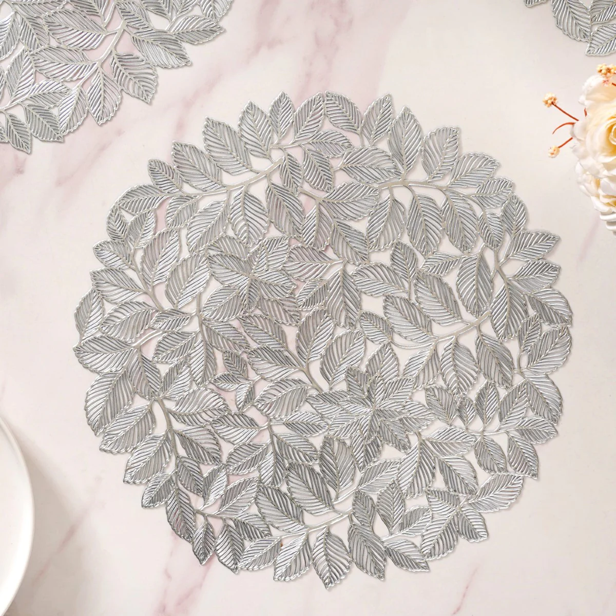 Round Silver Leaves Waterproof Placemat Set Of 6 - Image 11