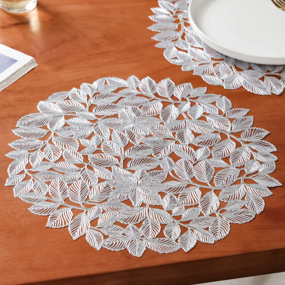 Round Silver Leaves Waterproof Placemat Set Of 6 - Image 4