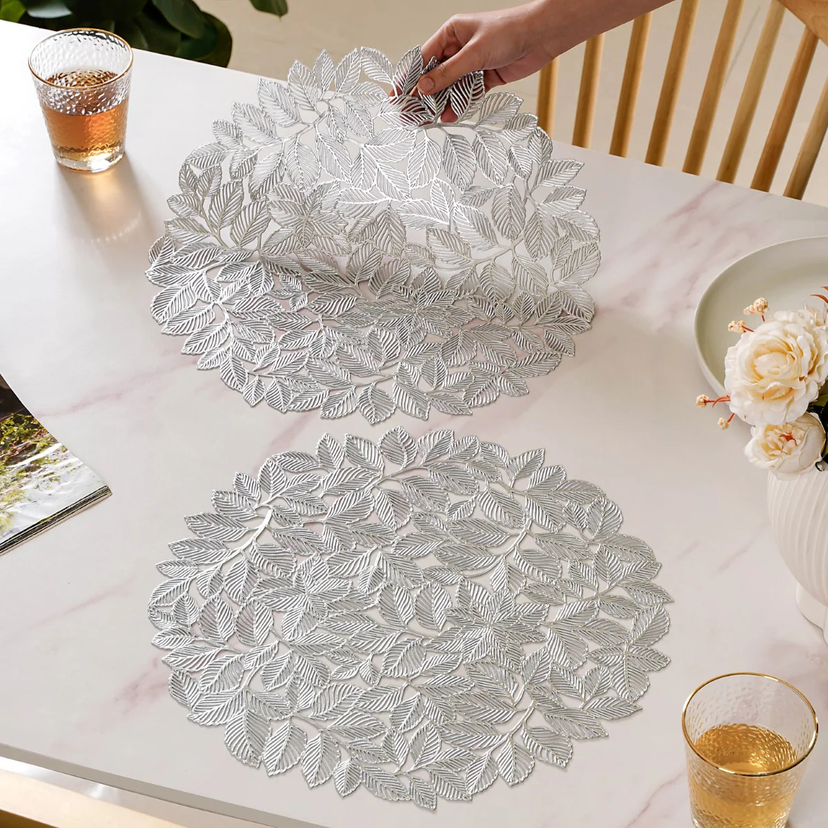 Round Silver Leaves Waterproof Placemat Set Of 6 - Image 8