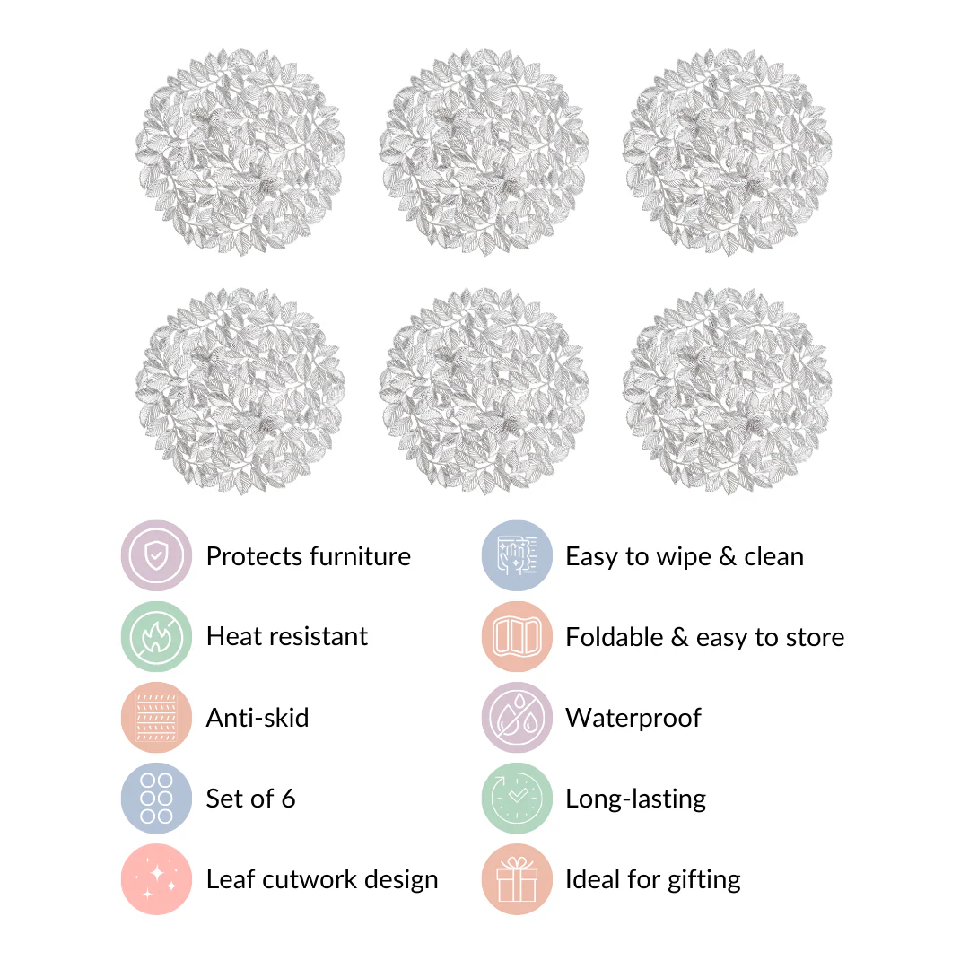 Round Silver Leaves Waterproof Placemat Set Of 6 - Image 9