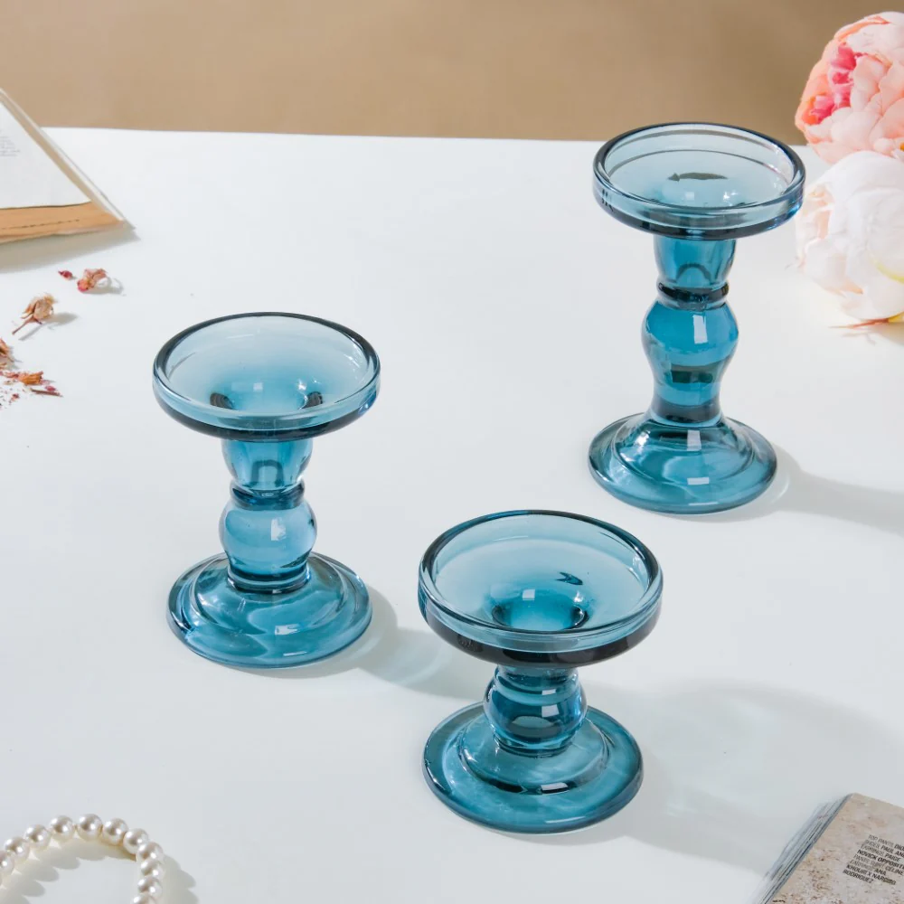 Royal Blue Glass Candle Stand Set Of 3 - Image 8