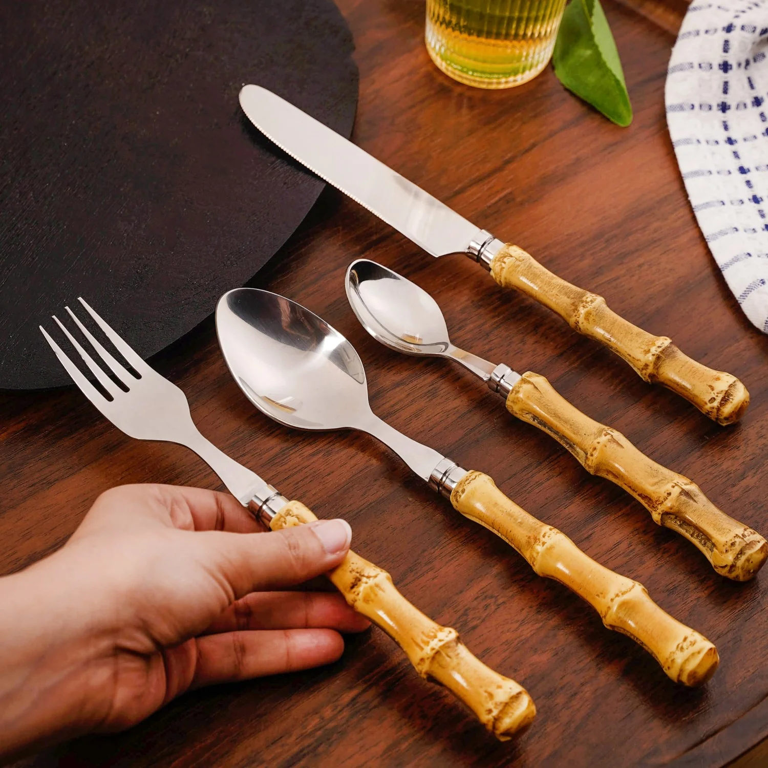 Rustic Bamboo Design Stainless Steel Cutlery Set Of 4 - Image 2
