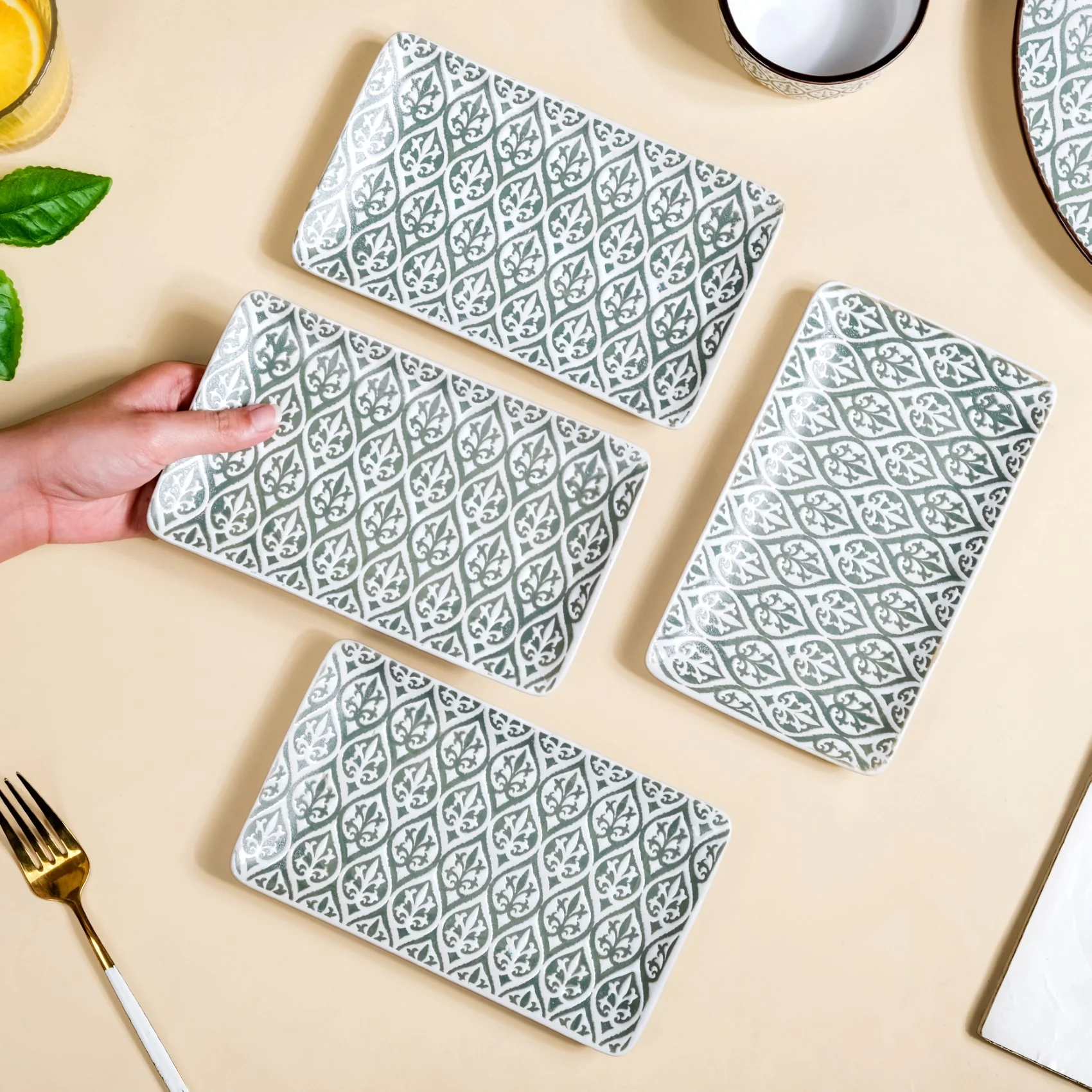 Sage Green Baroque Ceramic Serving Platter Set Of 4 7 Inch - Image 2