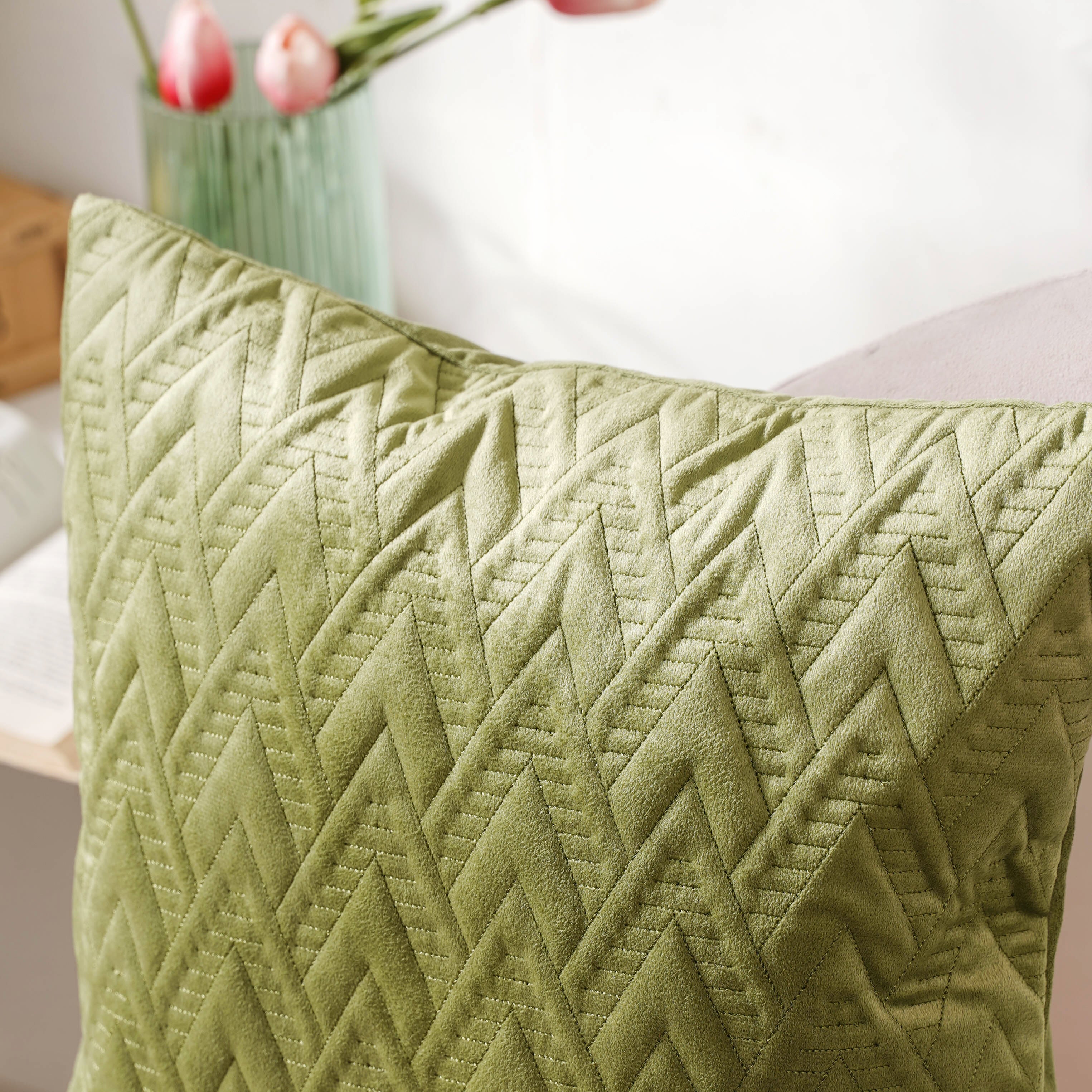 Sage Green Geometric Quilted Velvet Cushion Cover 16 Inch - Image 6