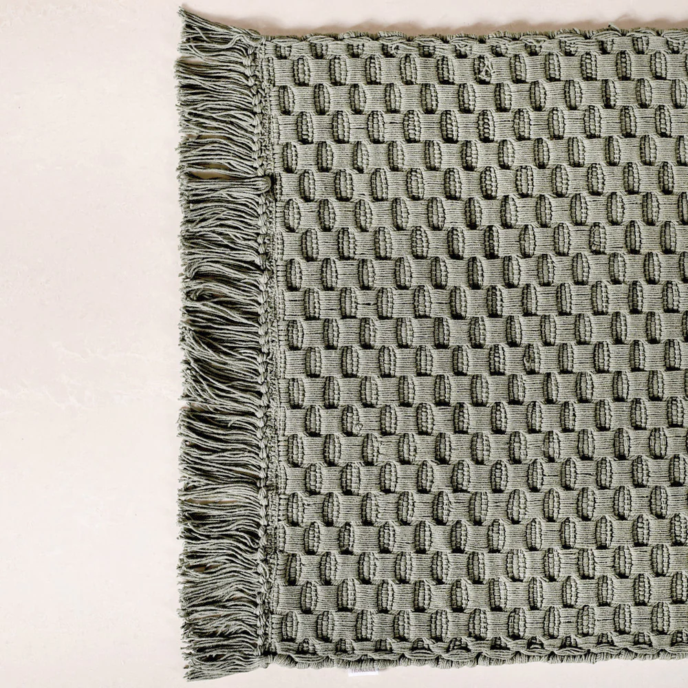Sage Green Handcrafted Waffle Weave Cotton Floor Mat 37x20 Inch - Image 3