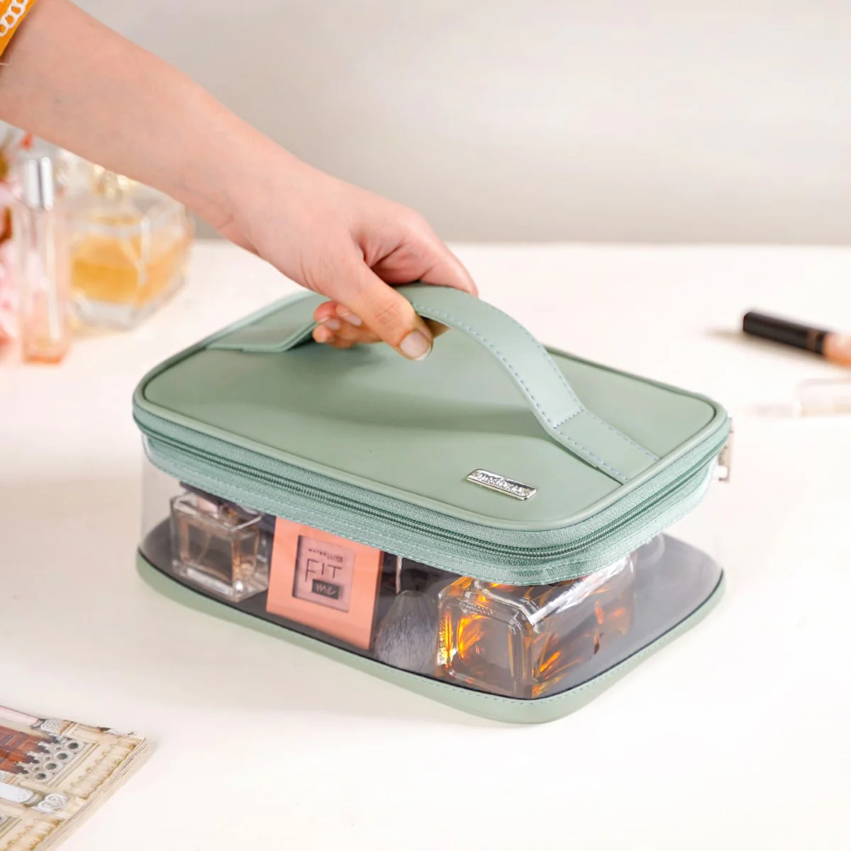 Sage Green Trendy Makeup Bag For Women - Image 2