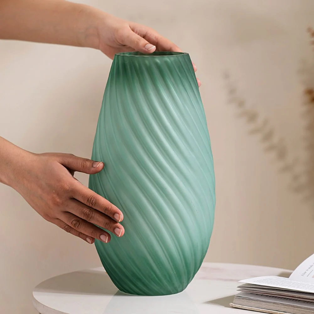 Sand Ripples Frosted Ombre Glass Vase Green - Image 2